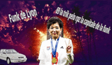 a woman with a medal around her neck and the words funk de lyon on the bottom