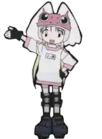 a cartoon character wearing a pink and white mask and knee pads is standing on a white background .