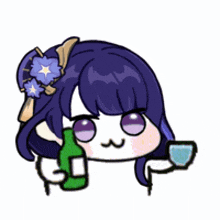 a cartoon girl is holding a green bottle and a cup of water .