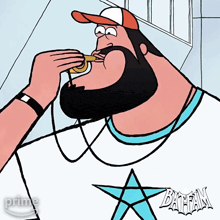 a cartoon of a man with a beard wearing a shirt that says batman