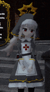 a girl in a nun costume is standing in front of a sign that says " us this seeing "