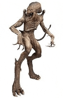 a 3d rendering of a monster with sharp claws and a long tail on a white background .