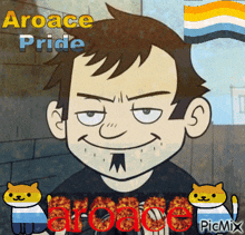 a cartoon drawing of aroace pride with a rainbow flag in the background