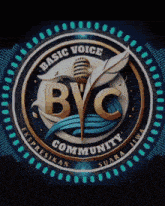 a logo for basic voice community with a microphone and a feather
