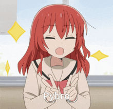 a girl with red hair is making a peace sign and the word pybro is on the bottom right