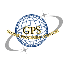 a logo for gps global processing services with a globe in the middle