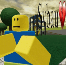 a yellow and blue roblox character stands in front of a sign that says ' cybau ' on it
