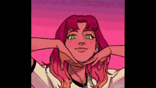 a pixel art drawing of a girl with red hair and green eyes