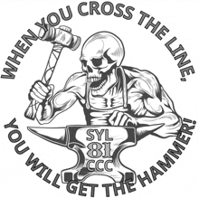 a black and white drawing of a skeleton holding a hammer over an anvil