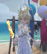 a girl in a white dress is standing in front of a surfboard and balloons