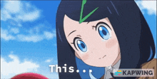 a picture of a girl with a green arrow on her head and the words this on the bottom