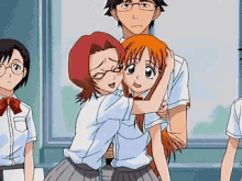 a group of anime characters are hugging each other in a classroom .