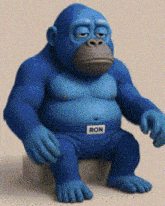 a blue gorilla named ron is sitting on a block with his eyes closed