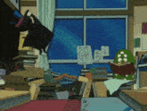 a cartoon character is reading a book in front of a window