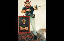 a picture of a man with a gun and a picture of another man with his arms crossed and a red circle around his head