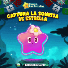 a purple star with a flower on its head and the words captura la sonrisa de estrella written above it