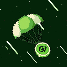 a pixel art illustration of a green parachute with a green coin coming out of it