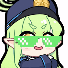 a cartoon drawing of a girl wearing a hat and sunglasses with a pixelated face