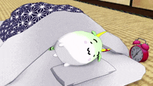 a cartoon character is sleeping next to an alarm clock