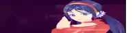 a pixel art of a girl with blue hair wearing a red shirt and a headband .