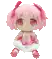 the back of a pink stuffed animal with pink ribbons on its ears and tail .