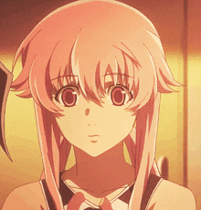 a close up of a girl 's face with pink hair and big eyes