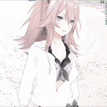 a cartoon girl is standing on a beach in front of a green and white umbrella