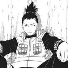 a black and white drawing of a man with a ponytail sitting in front of a wooden wall .