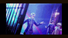 a group of anime characters are dancing on a stage