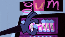a cartoon drawing of a gum vending machine with an arrow pointing to it