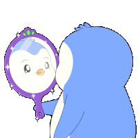 a blue penguin is looking at itself in a hand mirror