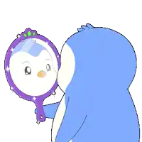a blue penguin is looking at itself in a hand mirror