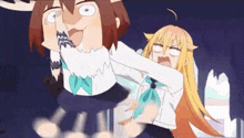 a couple of anime girls are standing next to each other and one of them is holding the other 's head .