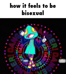 a cartoon character is standing in a circle with the words how it feels to be bisexual written on the bottom .