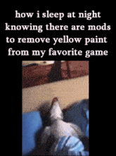 a picture of a cat laying on a bed with the caption how i sleep at night knowing there are mods to remove yellow paint