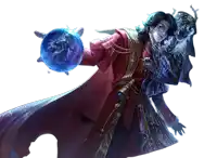 a man in a red coat holds a blue ball in his hand
