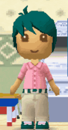 a cartoon character with blue hair wearing a pink shirt