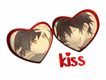a pair of heart shaped glasses with a picture of a boy and the word kiss below them