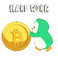 a penguin is pushing a coin with a dollar sign on it