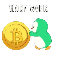 a penguin is pushing a coin with a dollar sign on it