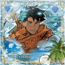 a picture of percy jackson is surrounded by palm trees and hearts