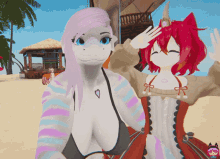 a couple of anime characters standing on a beach