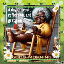 a picture of an elderly woman sitting in a rocking chair reading a newspaper with a good morning message