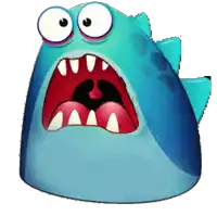a blue cartoon character with big eyes and a big mouth