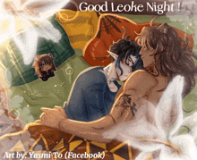 a drawing of a couple laying in bed with the caption " good leoke night "