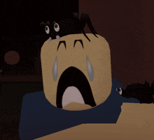 a cartoon character has a spider on his head and looks scared