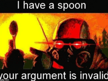 a man in a gas mask is holding a spoon in his hand .