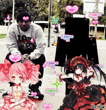 a man wearing a sweatshirt that says los angeles sits next to a girl in a pink dress