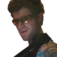 a man wearing sunglasses has a sticker on his glasses that says ' sunglasses ' on it