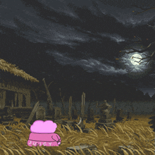 a pixel art drawing of a cemetery at night with a full moon in the background